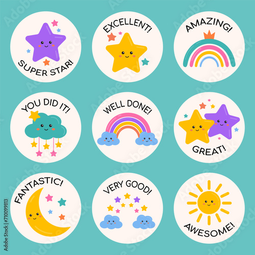 Good job and great job stickers with rainbows, stars, clouds for children. Success, congrats, excellent work labels. School reward, educational, encouragement sign, stamp. Awesome homework, well done.