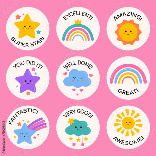 School reward stickers collection, encouragement labels, badges for kids, pupils. Useful for teachers, learning motivation, awesome homework, well done, great job, good job. Rainbow, sunny, clouds.