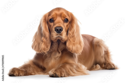 American Cocker Spaniel dog lying, isolated on white background