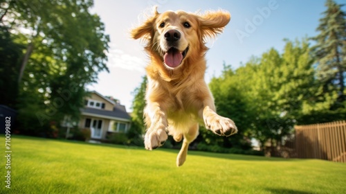 happy golden retriever jumping on the lawn at a sunny day