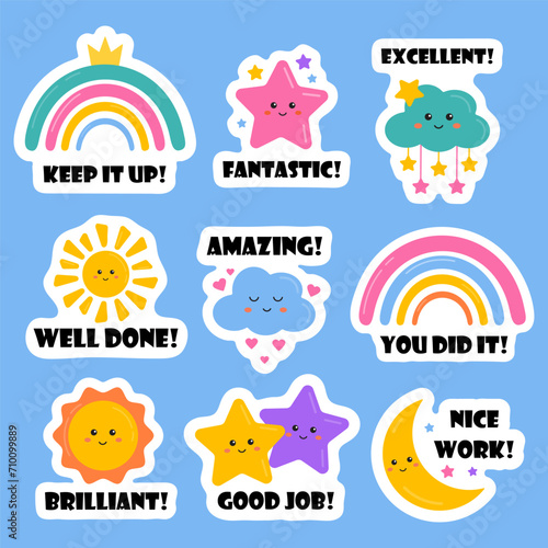 School labels for teachers, good job, well done, nice work reward labels for kids, pupils with funny rainbow, sun, star. Award, encouraging, motivation stickers for success, good education, homework.