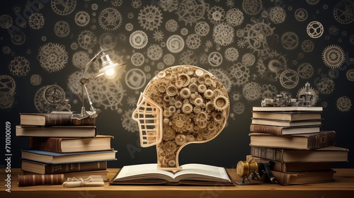 Human brain with gears and cogwheels and books on wooden table