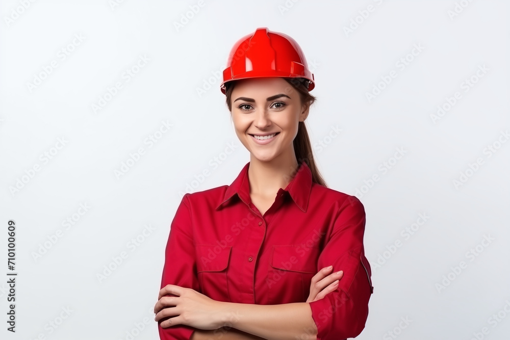 smiling happy woman worker in red helmet, arms crossed on chest, isolated on white background