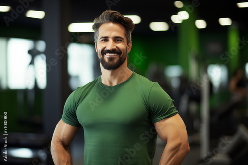 coach young man smiling in gym, in green sportswear, blurred background