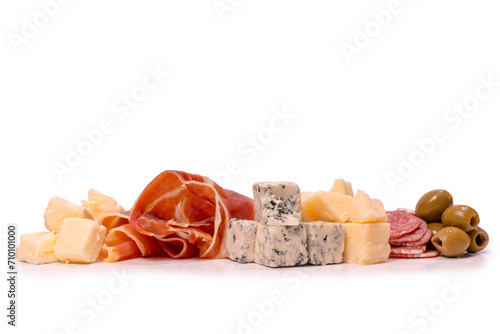 Cheese, olives, salami, jamon isolated on a white backgrund.