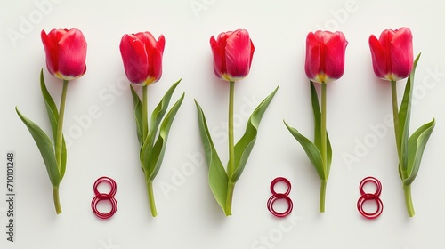 A vibrant display of red tulips lined up in a row, showcasing the beauty and elegance of spring bloom. #710101248