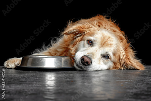 hungry dog with sad eyes is waiting for feeding at kitchen, lying by empty food bowl