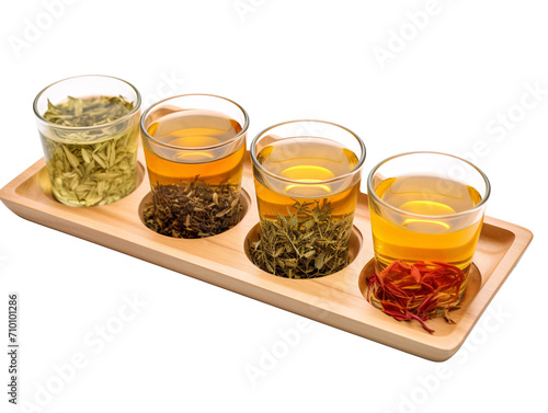a row of glasses with different types of tea