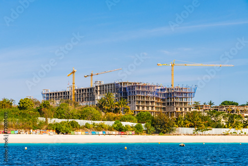 View of the beach in Nungwi village. Zanzibar, Tanzania. Hotel construction