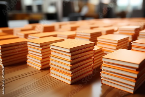 High-resolution shot of neatly arranged school notepads with a gradient orange surface photo