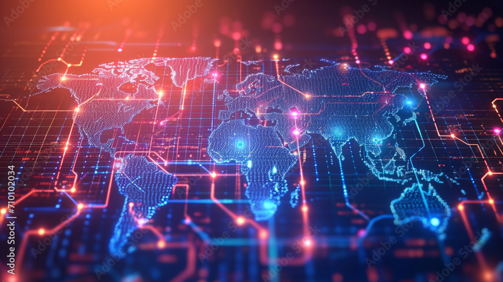 Fototapeta premium World map on digital tech background.