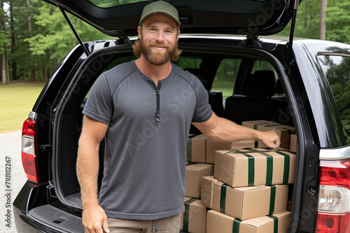 Mature bearded delivery man in green cap standing next to a car filled with boxes.