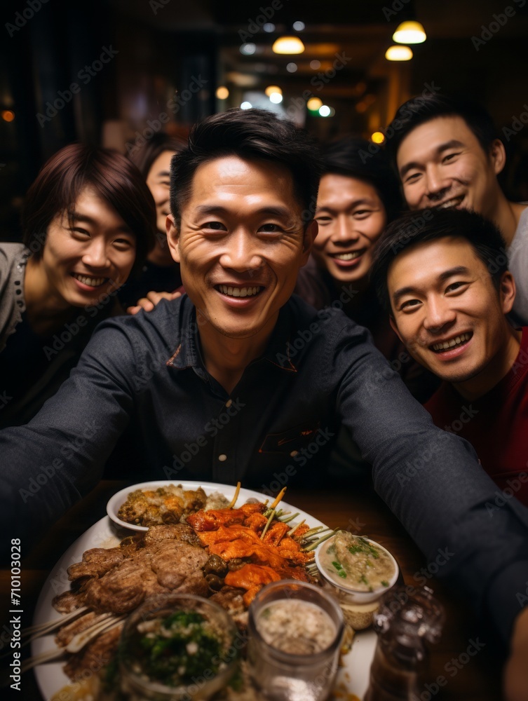 At a family New Year's dinner. Happy young Asian people sitting in a restaurant and taking photos.