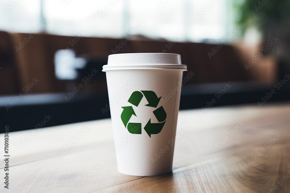 White paper cup with recycling sign on wooden table