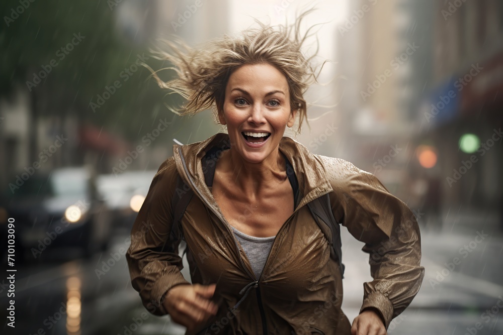 Young woman running on the city street in the rain Young woman running on the city street in the rain