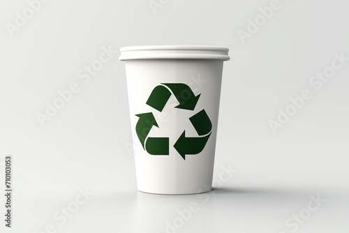 White paper cup with recycling sign on white background