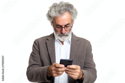 Happy senior man holding smartphone and chatting on white background © Alina