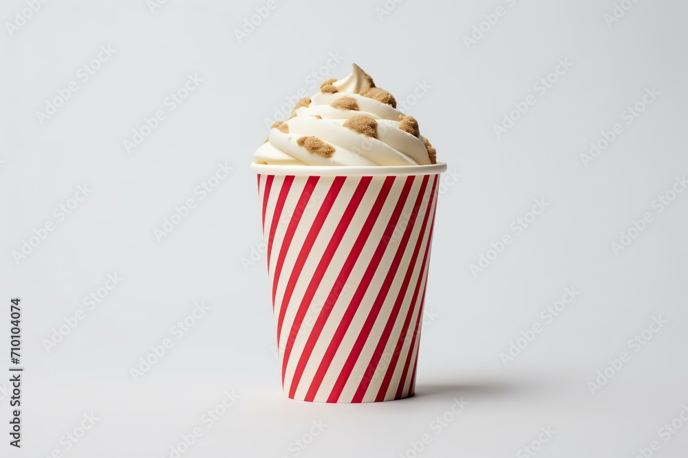 Red striped paper cup with sweet ice cream on white background