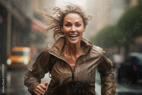 Young woman running on the city street in the rain