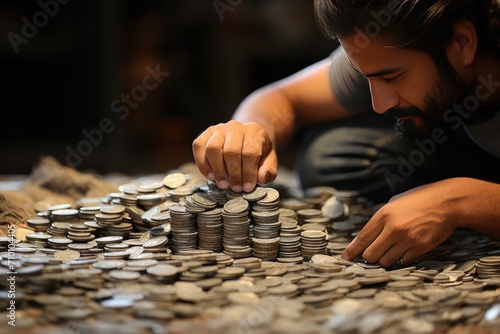 Sculpting artist with old coins, dialogue between times., generative IA