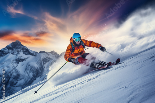 A man in an orange suit and glasses skis slalom with a stunning view of the winter mountains in the rays of the setting sun photo