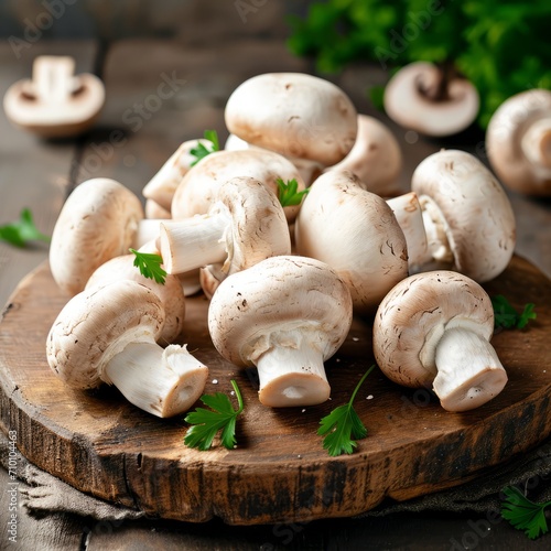 Bunch of champignons on a wooden board