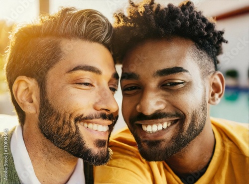 Interracial multiethnic LGBT gay couple at home, closeup portarit photo