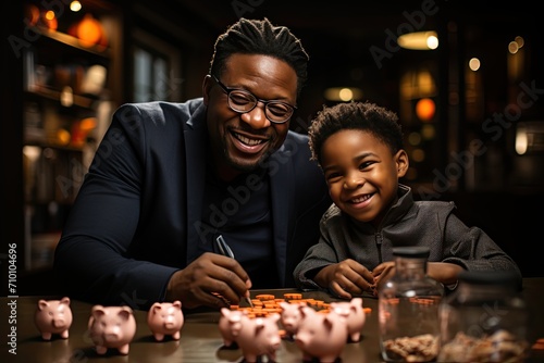 Father teaches son about finance with graphics and piggy bank., generative IA