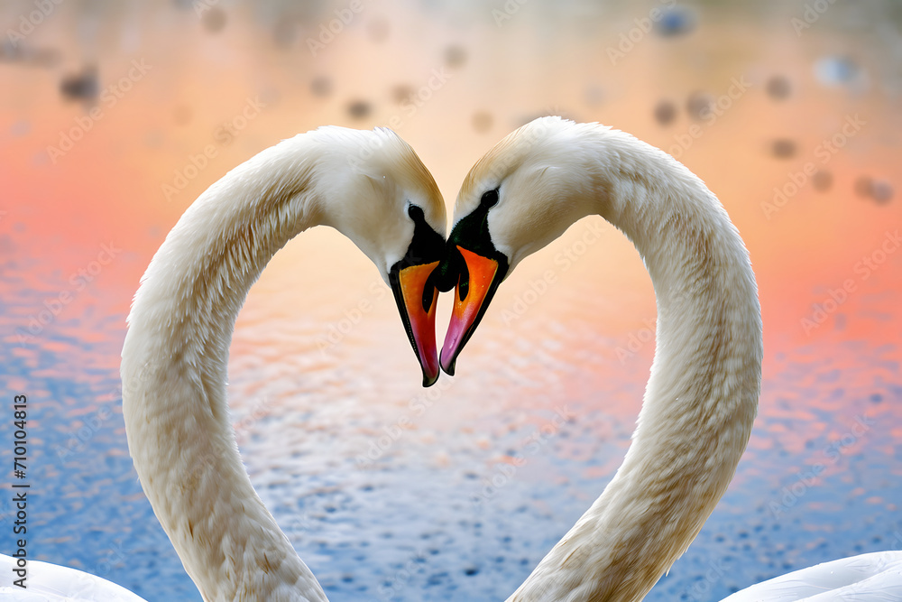 Fototapeta premium Liebende Eleganz: Ein zauberhaftes Bild von verliebten Schwänen, die ihre Zuneigung in romantischer Harmonie am Wasser ausdrücken, eine idyllische Szene der tierischen Liebe.