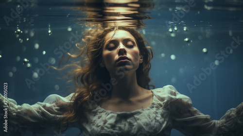 Portrait einer Frau mit geschlossenen Augen unter Wasser mit Luftblasen. Reflexionen an der Oberfläche. Konzept: Entrückung und Gefühlstiefe. Surreale Illustration in kühlen Farben
