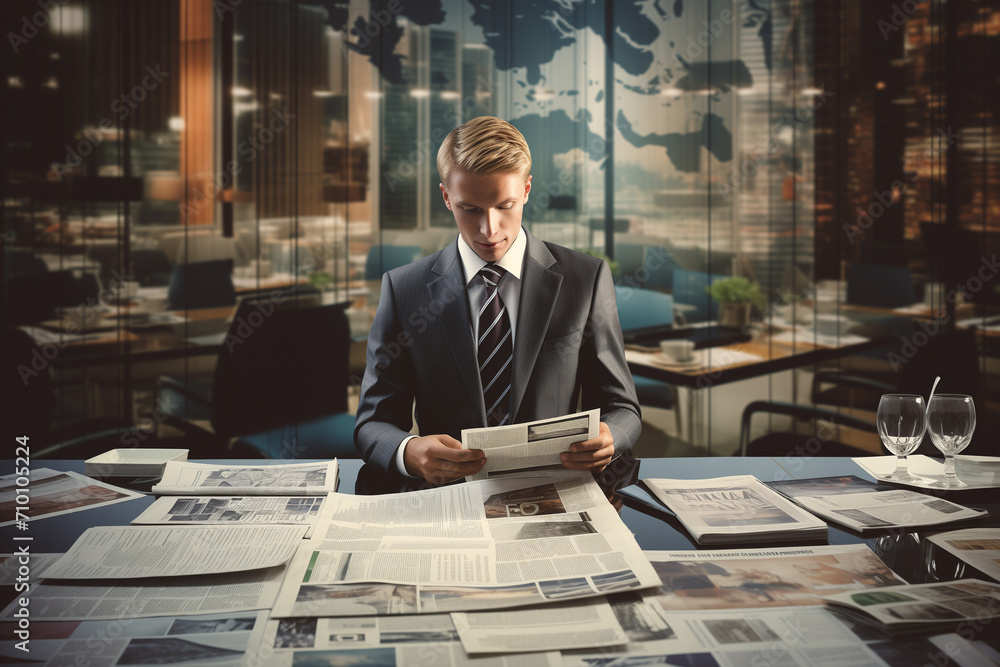 Portrait of successful blond Business executive working in the office and piles of paperwork, he is overloaded with work. Business man accountant analyst holding documents working late. - obrazy, fototapety, plakaty 