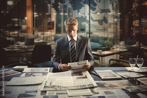 Portrait of successful blond Business executive working in the office and piles of paperwork, he is overloaded with work. Business man accountant analyst holding documents working late.