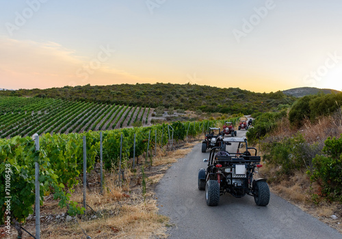 Row of buggy vehicles on road during a tour through the vineyards of Korcula Island in Croatia photo