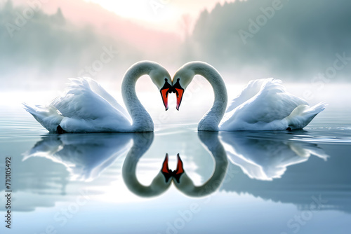 Liebende Eleganz: Ein zauberhaftes Bild von verliebten Schwänen, die ihre Zuneigung in romantischer Harmonie am Wasser ausdrücken, eine idyllische Szene der tierischen Liebe.