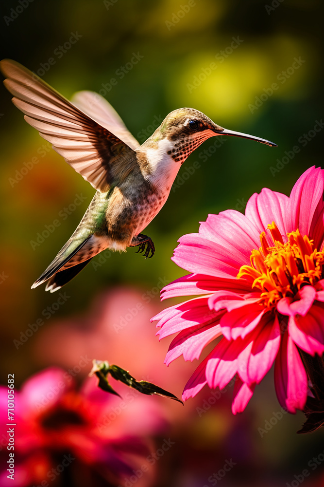 Ruby-throated Hummingbird (archilochus colubris) feeding on a pink flower Ruby-throated Hummingbird (archilochus colubris) feeding on a pink flower