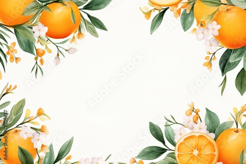 watercolor template floral picture frame of orange fruits with flowers and leaves on white background © Маргарита Вайс