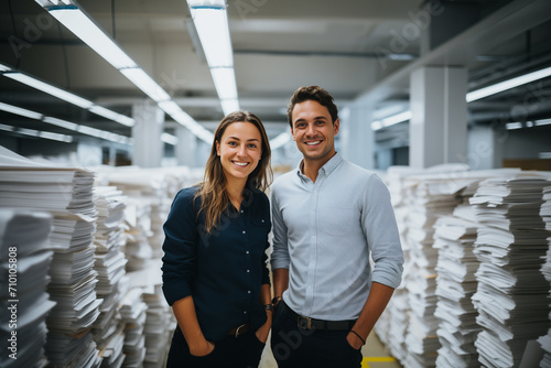 Portrait of two successful business people at modern office posing for marketing . Happy businessman and businesswoman standing side by side. Two coworkers, a man and a woman smiling at work