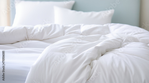 Close up of white pillow on bed decoration in bedroom interior 