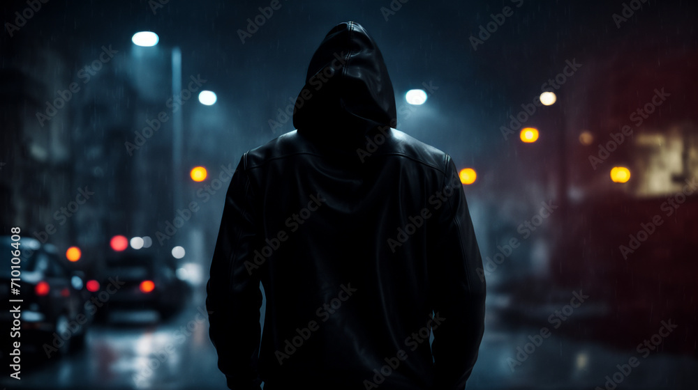 Hooded man stands on night street. Night city lights Hooded man stands on night street. Night city lights
