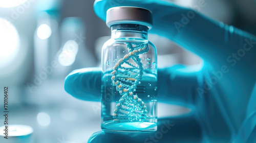 Close-up of a scientist's hand in blue gloves holding a transparent vial with a glowing blue DNA double helix structure inside it, against a blurred laboratory background.