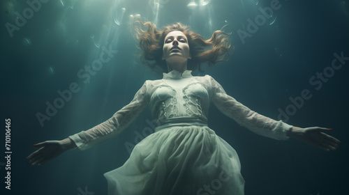 Frau im Vintage-Kleid und mit geschlossenen Augen unter Wasser. Lichtreflexe an der Oberfläche. Konzept: Entrückung und Gefühlstiefe. Surreale Illustration in kühlen Farben, Ätherische Stimmung