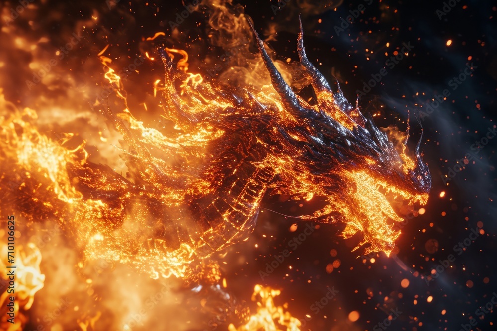 a fire dragon merging from the fire