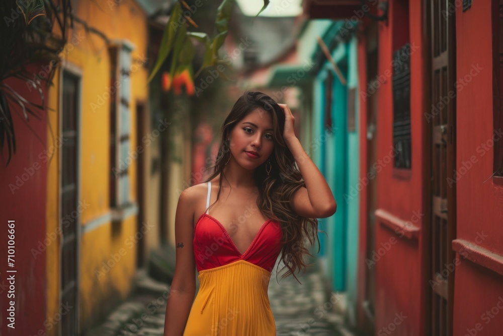 Naklejka premium peruvian young woman wearing a red dress smiling to camera in the streets