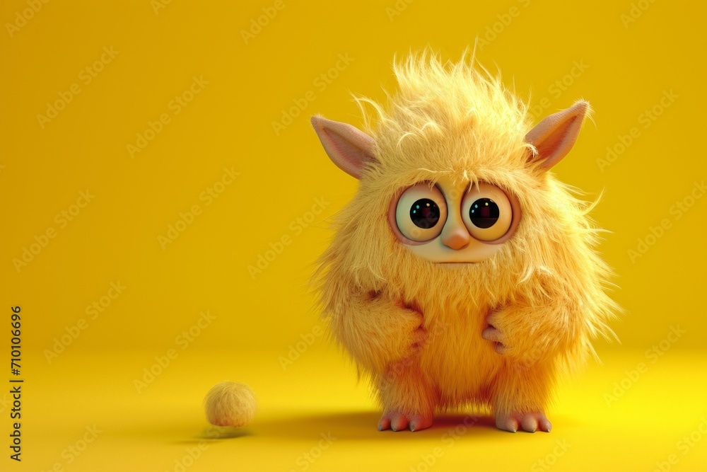 Fototapeta premium a cute yellow furry fluffy creature in yellow background with copy space