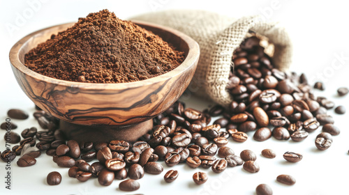 Wooden bowl filled with ground coffee and a burlap sack spilling roasted coffee beans onto a white surface.