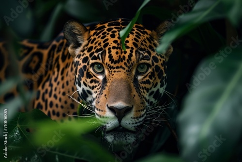 a jaguar merging from the vegetation in the amazonas jungle 