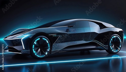 Picture of a futuristic electric black car with a holographic wireframe digital technology background.