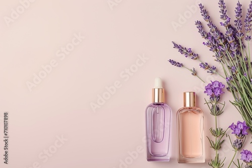Elegant flat lay of body oils and perfume bottles with lavender sprigs on a pastel background, minimalist style