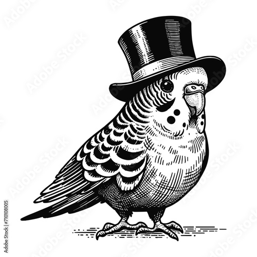 budgerigar parrot wearing a top hat vintage sketch