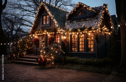 A cottage with christmas lights on the front. Generative AI.